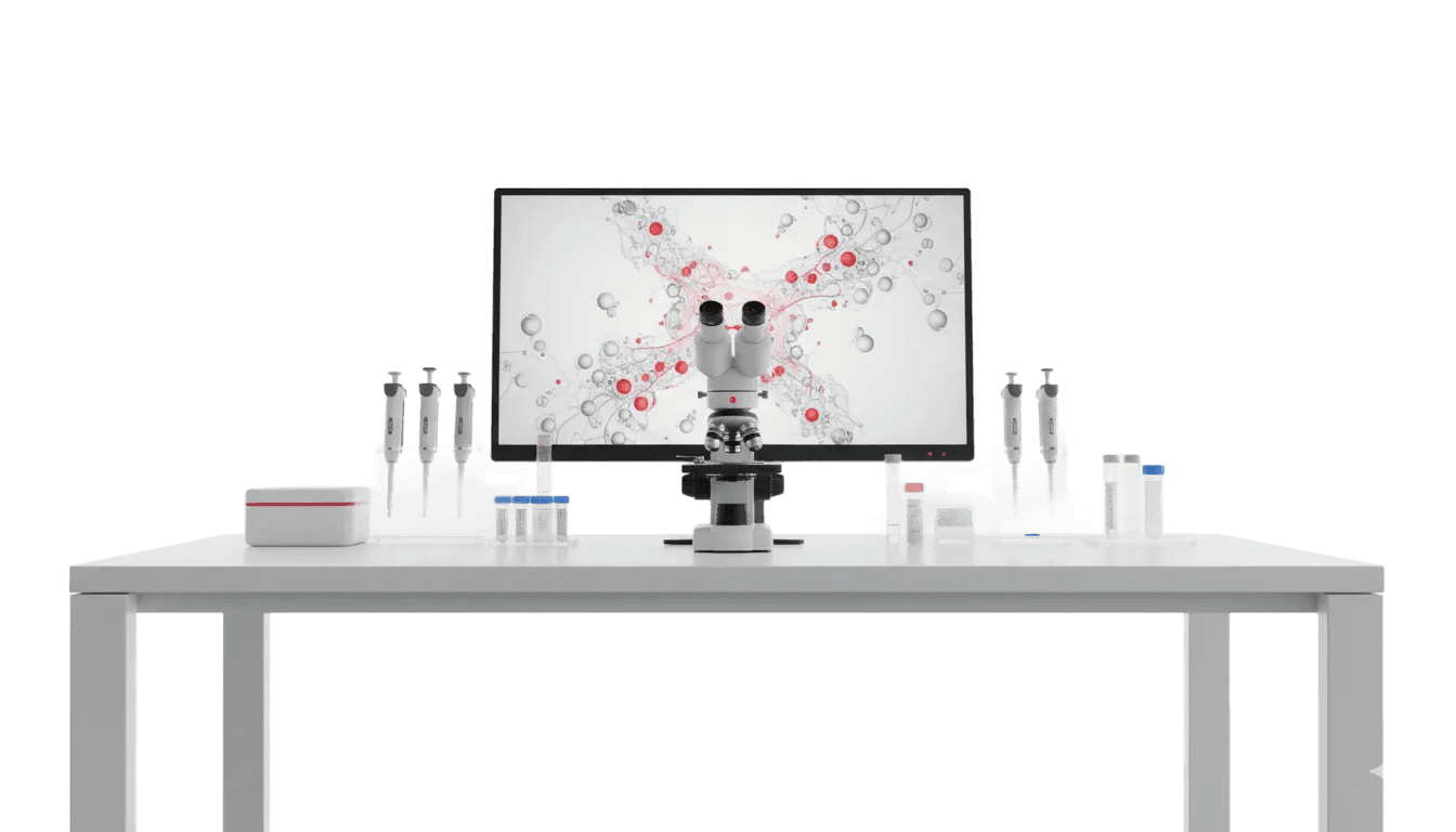 Laboratory workstation with microscope and cell imaging display
